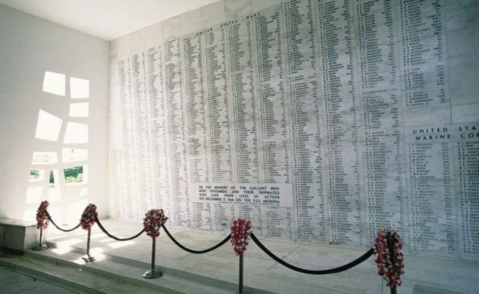 Oahu Arizona Memorial Wall names of the fallen etched into stone
