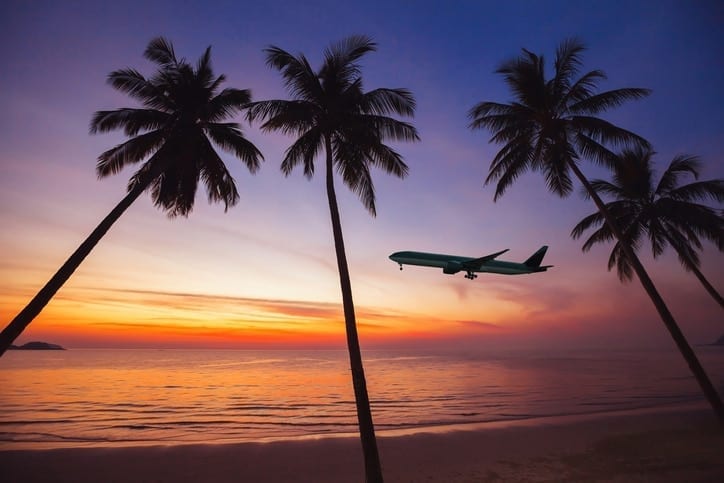 Flyaway tours - neighbor island day trips - airplane flying suspiciously low over beach with palm trees in foreground during sunset