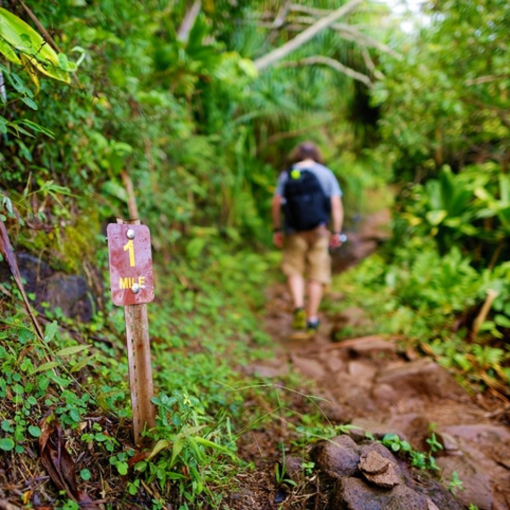 One mile sign on kuilau trail in Kauai, Hawai'i