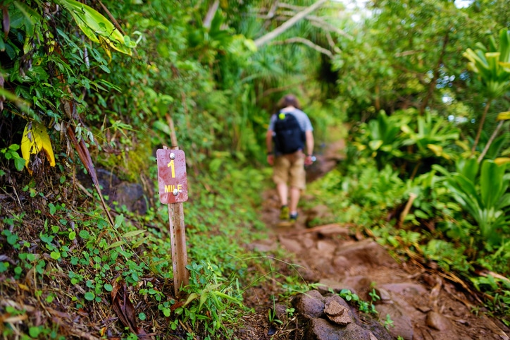One mile sign on kuilau trail in Kauai, Hawai'i