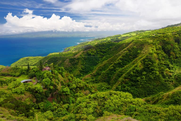 Stunning landscape view seen from Waihee Ridge Trail, overlooking Kahului and Haleakala, Maui, Hawai'i